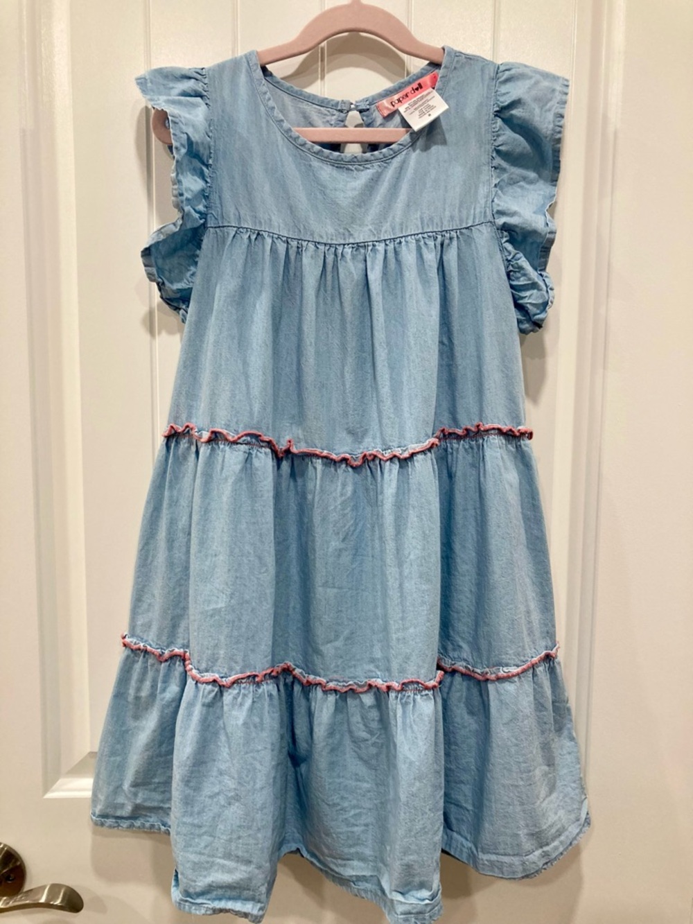paper doll Light Blue Tiered Summer Dress with Pink Trim | 8